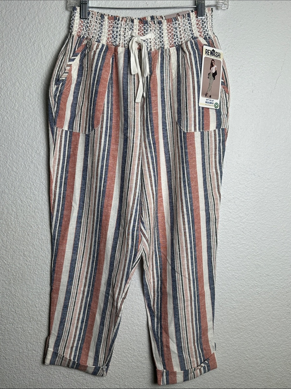 NEW Linen Blend Pants Pull On Smocked Waist Striped Pockets Womens Medium